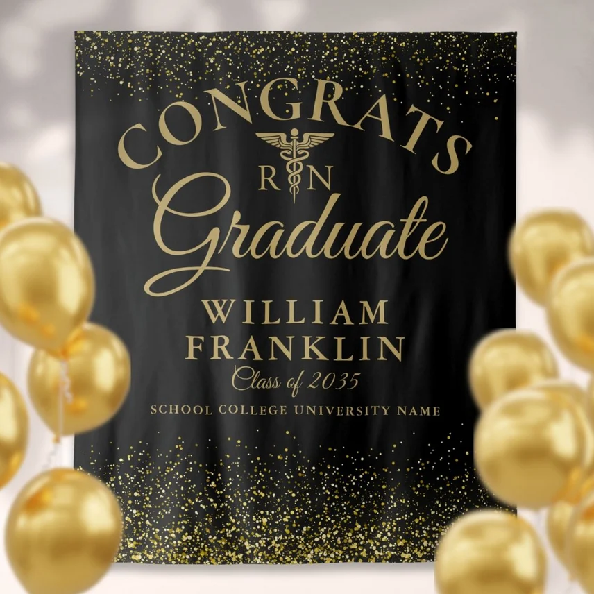Black Gold Nurse School Graduation Photo Backdrop