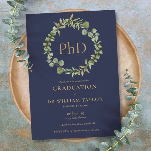 PhD Degree Navy Blue Garland Graduation Party Invitation