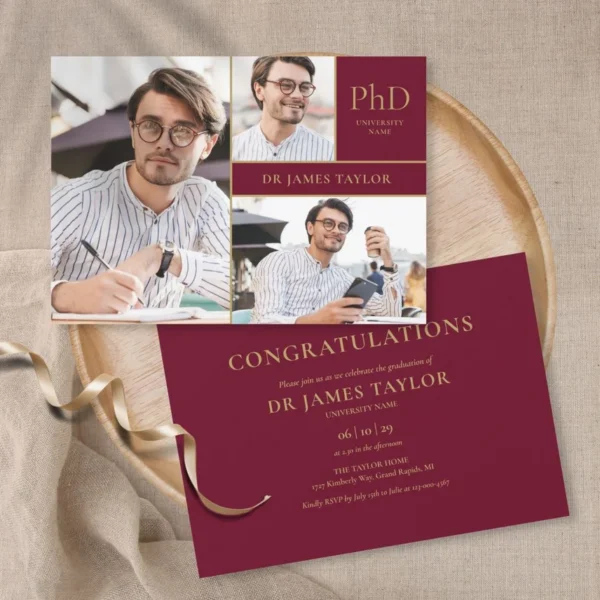 Burgundy PhD Degree 3 Photo Graduation Party Invitation