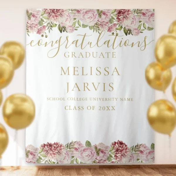 Floral Roses Gold Script Graduation Photo Backdrop