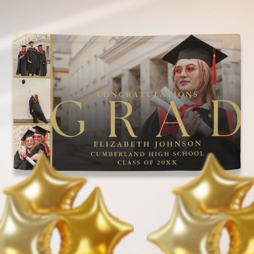 Gold Photo Collage Modern Graduation Party Banner