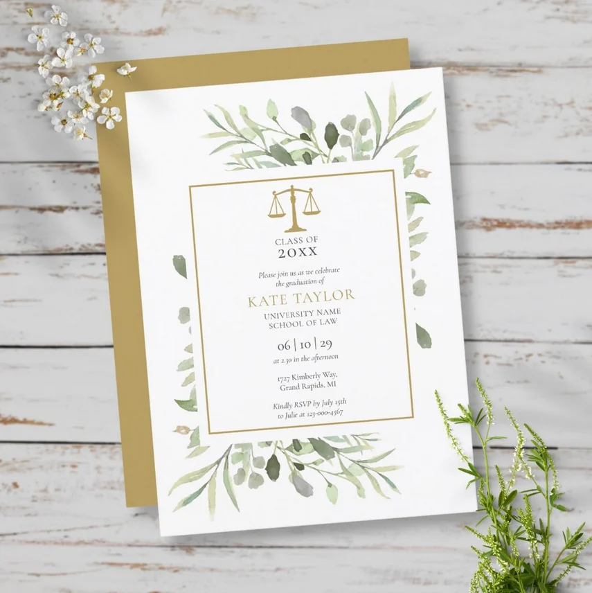 Greenery Modern Gold Law School Graduation Invitation