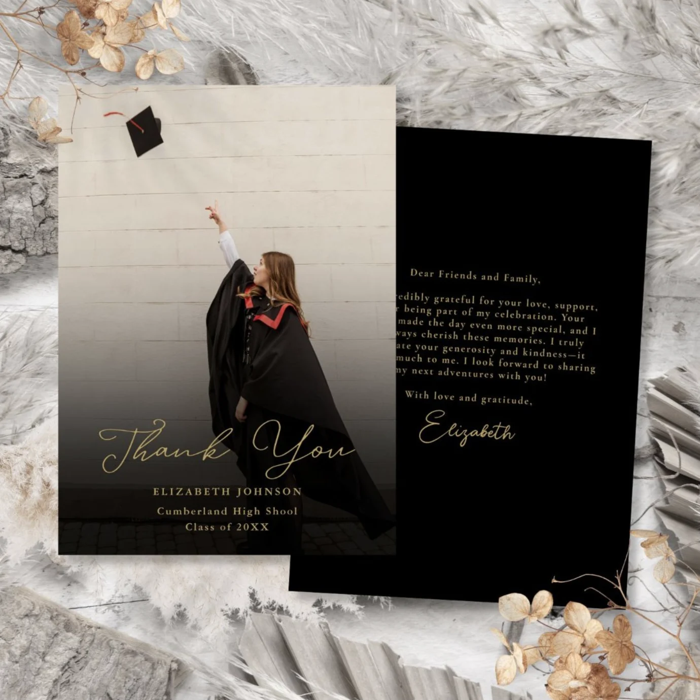 Black And Gold Elegant Photo Script Graduation Thank You Card