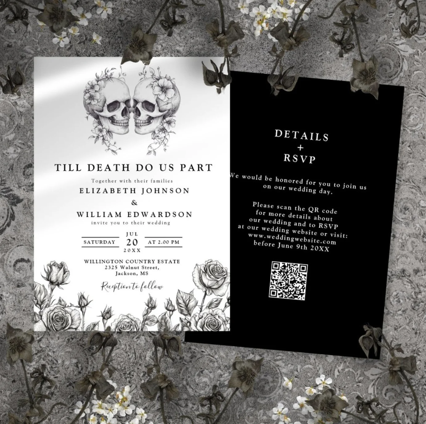 All In One Till Death Gothic Skull QR Code Wedding Invitation