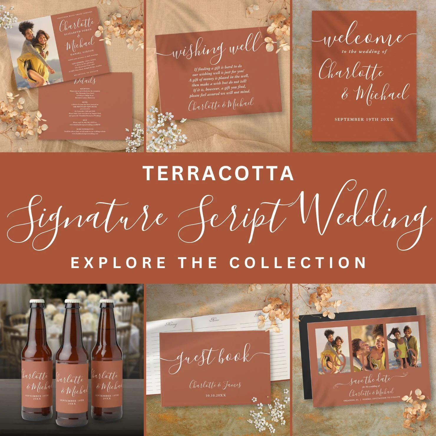 Simple Calligraphy Script Terracotta Wedding Suite
