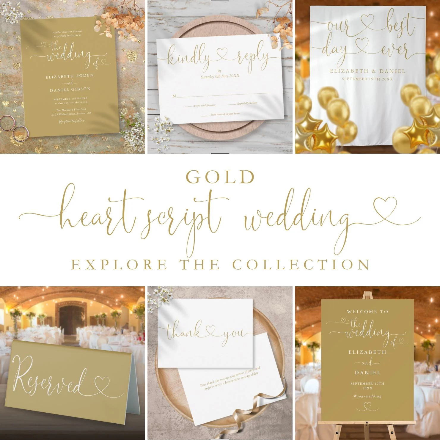 Simple Gold Heart Script Wedding Invitation Suite
