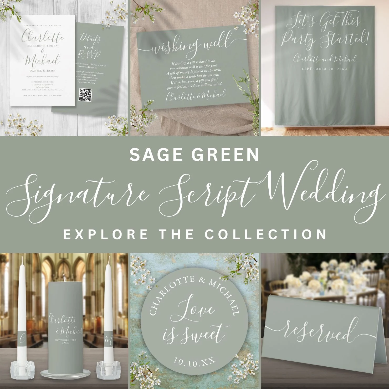 Simple Sage Green Signature Script Wedding Suite