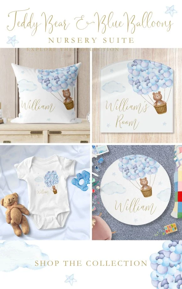 Teddy Bear and Blue Balloons Boy Nursery Decor Suite