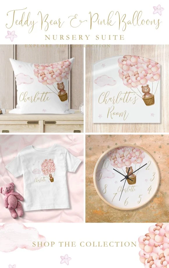 Teddy Bear and Pink Balloons Girl Nursery Decor