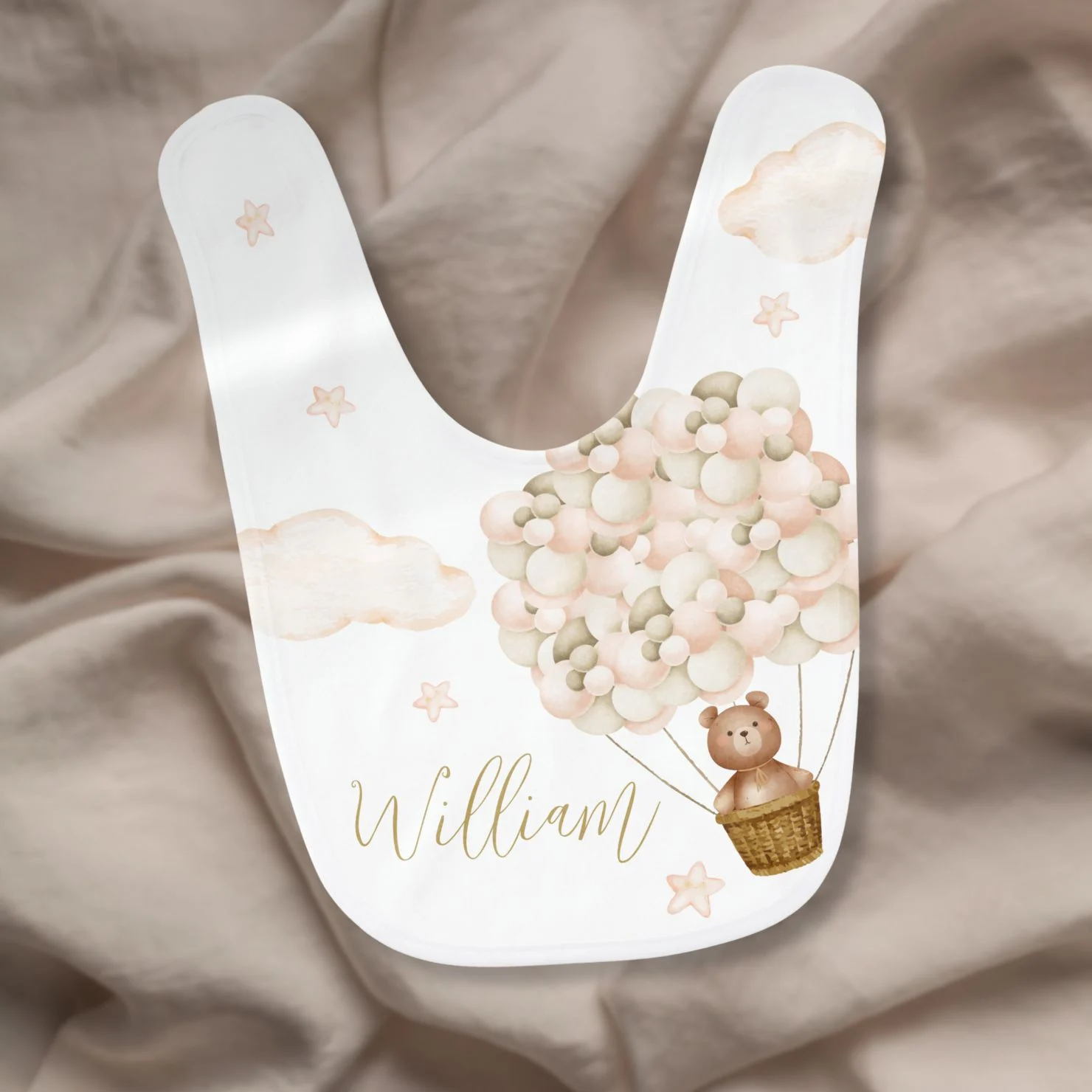 Teddy Bear And Balloons Gold Script Baby Bib