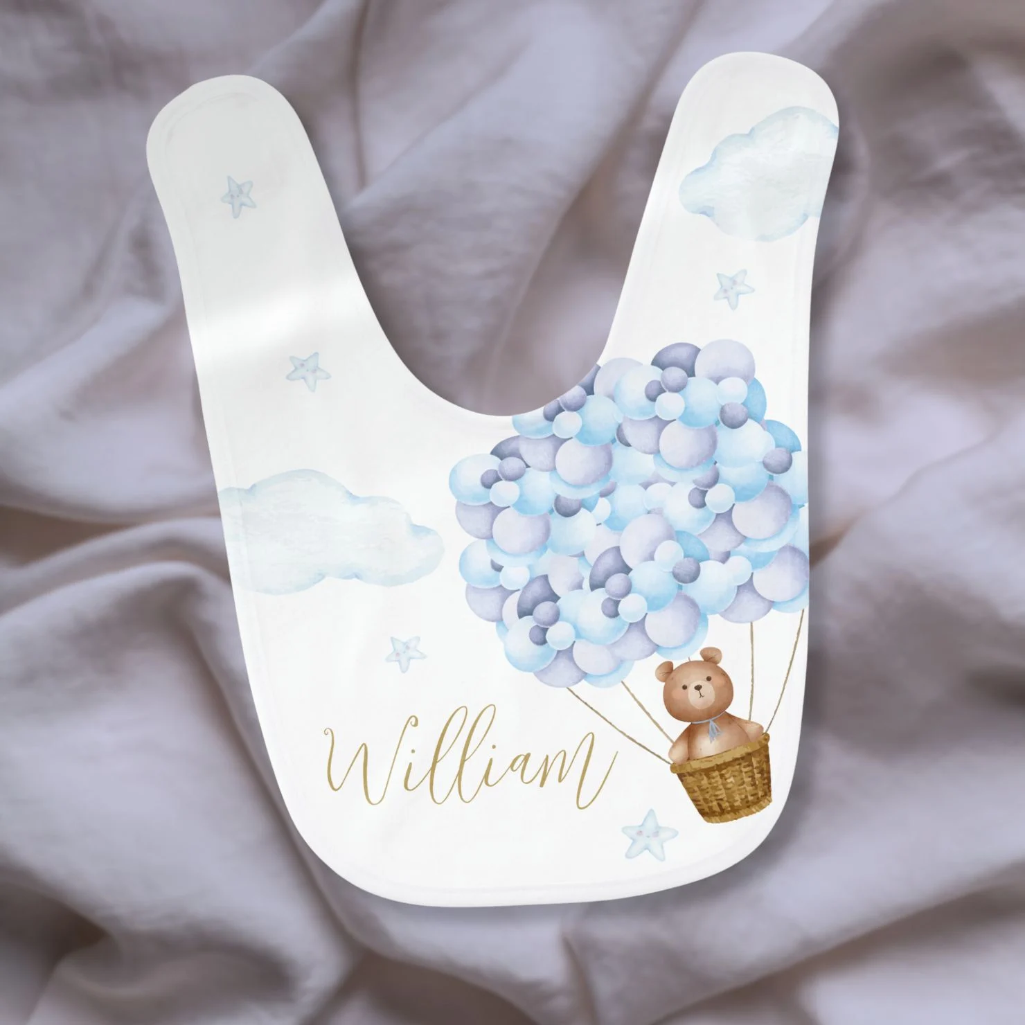 Teddy Bear Blue Balloons Gold Script Baby Bib