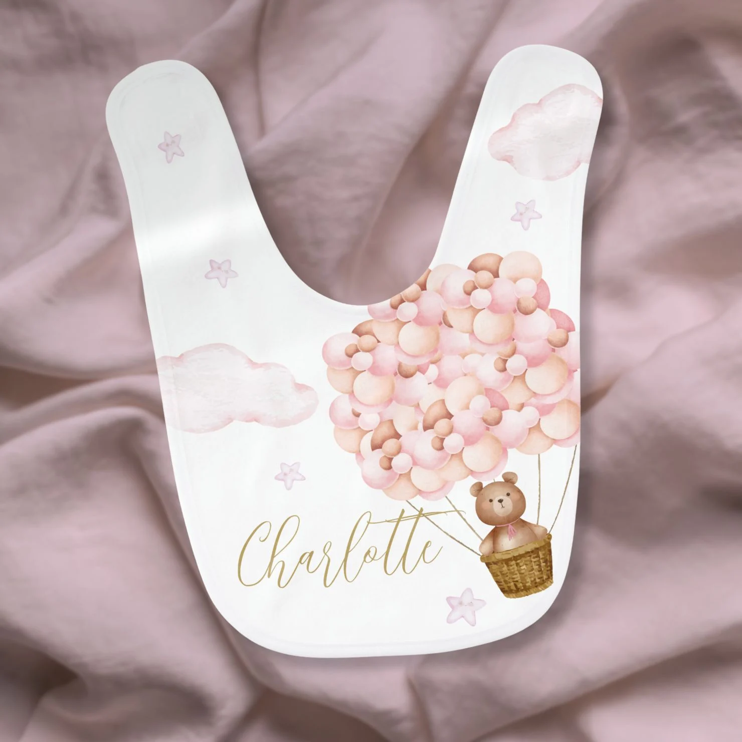 Teddy Bear Pink Balloons Gold Script Baby Bib