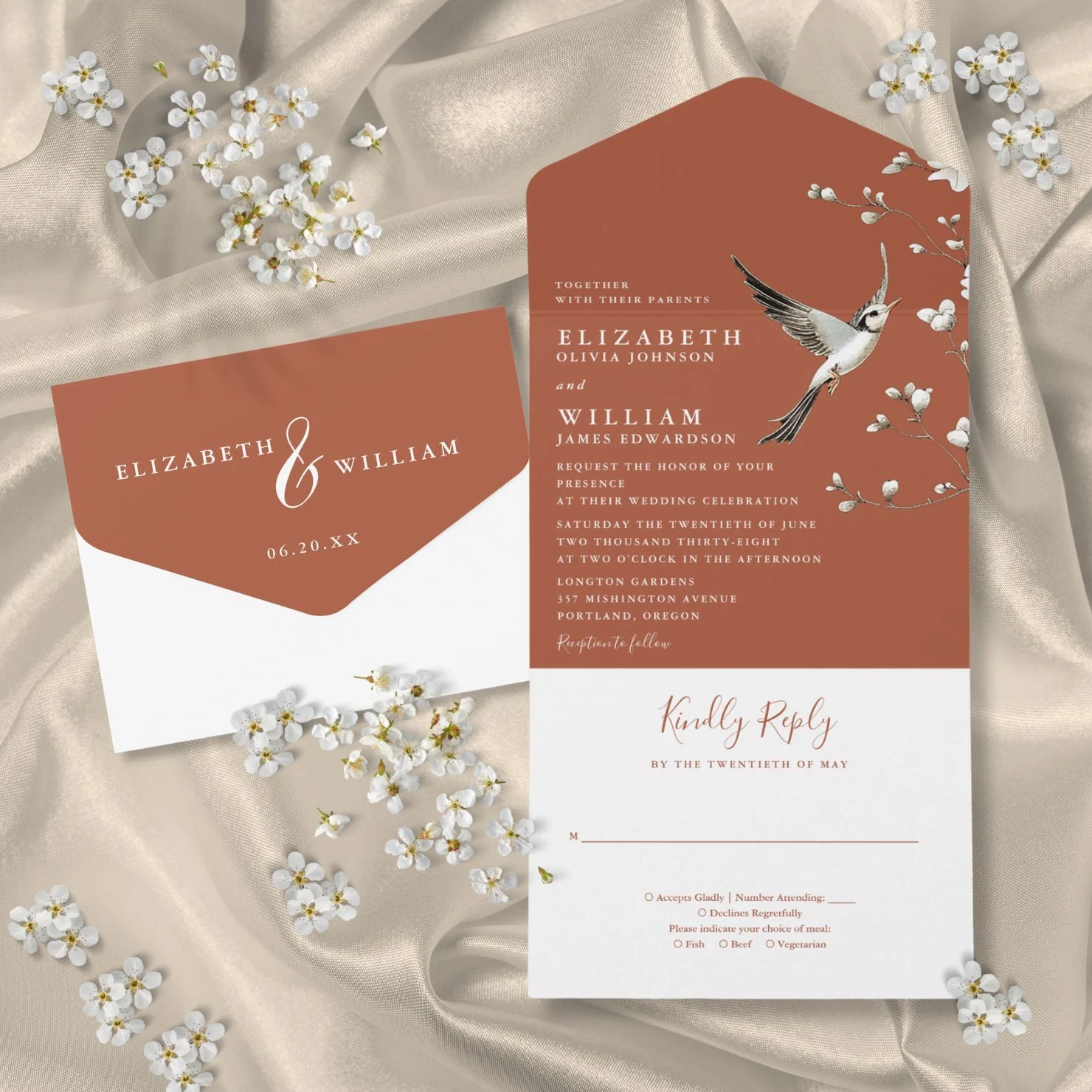 Terracotta Chinoiserie Floral Garden Wedding All In One Invitation