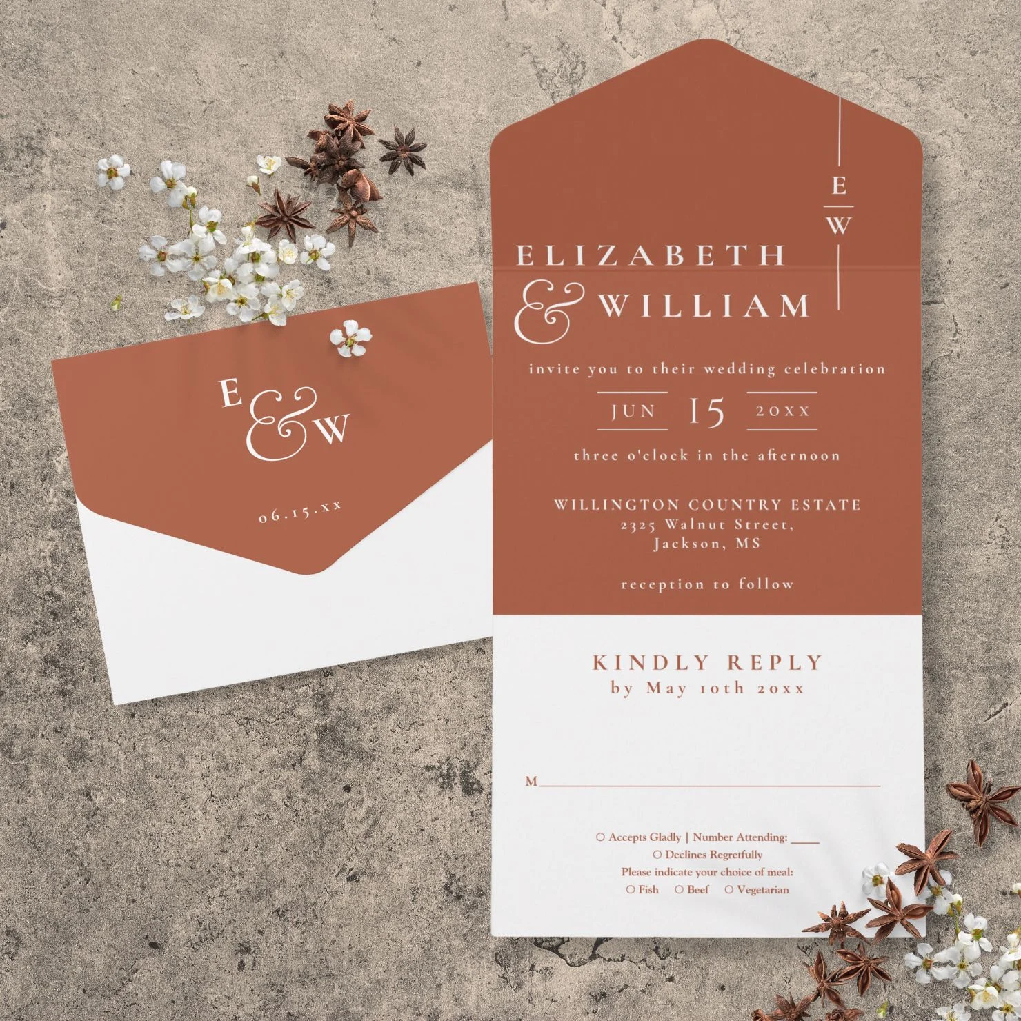 Terracotta Minimalist Elegant Monogram Wedding All In One Invitation