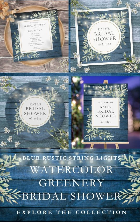Blue Rustic String Lights Greenery Bridal Shower Suite