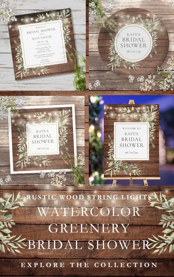 Rustic Wood String Lights Greenery Bridal Shower Suite