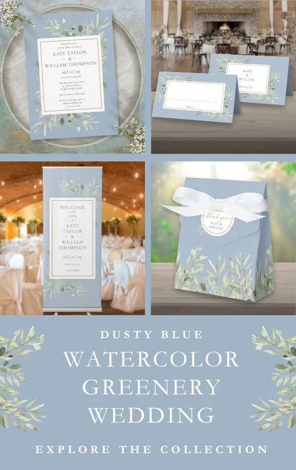 Dusty Blue Watercolor Greenery Wedding Suite