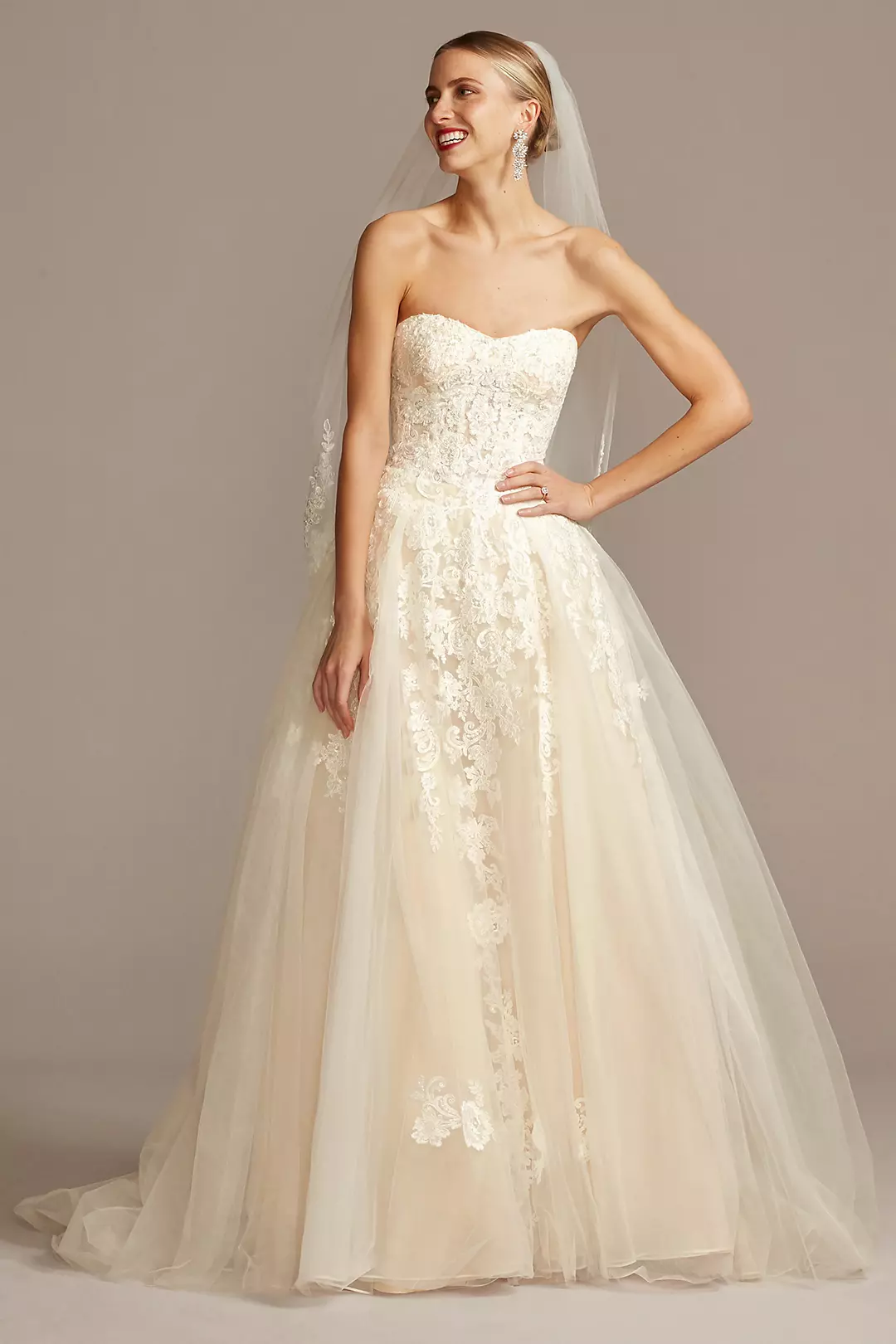 David's Bridal Collection Sheer Lace and Tulle Ball Gown Wedding Dress