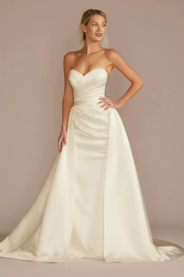 David's Bridal Satin Ruched Bodice Wedding Dress with Overskirt