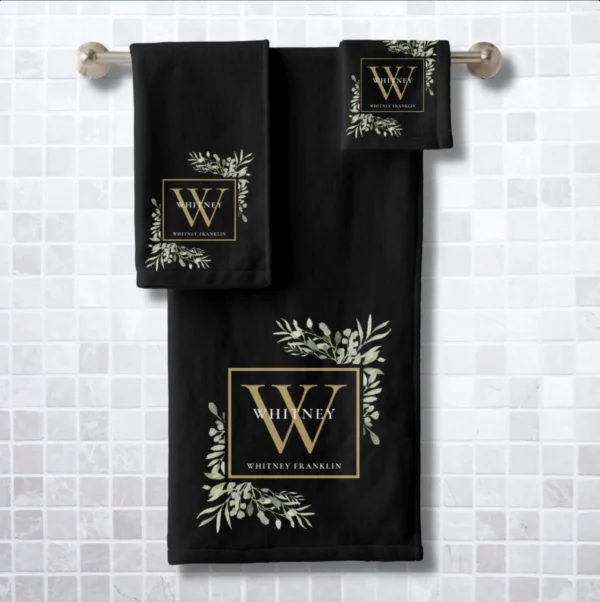Watercolor Greenery Black Gold Monogram Name Bath Bath Towel Set