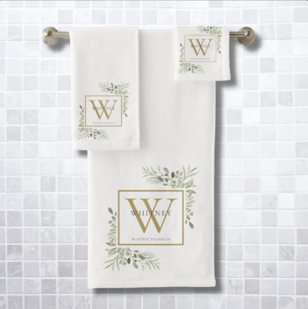 Watercolor Greenery Gold Monogram Name Bath Towel Set