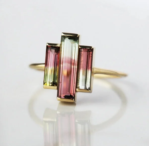 Capucinne Watermelon Tourmaline Ring, Baguette Engagement Ring, Unique