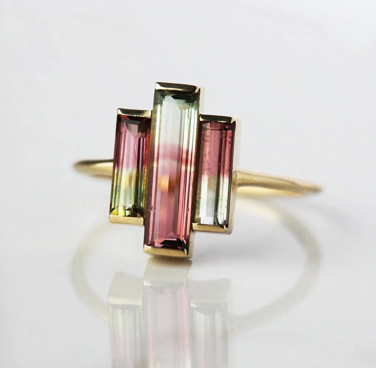 Capucinne Watermelon Tourmaline Ring, Baguette Engagement Ring, Unique