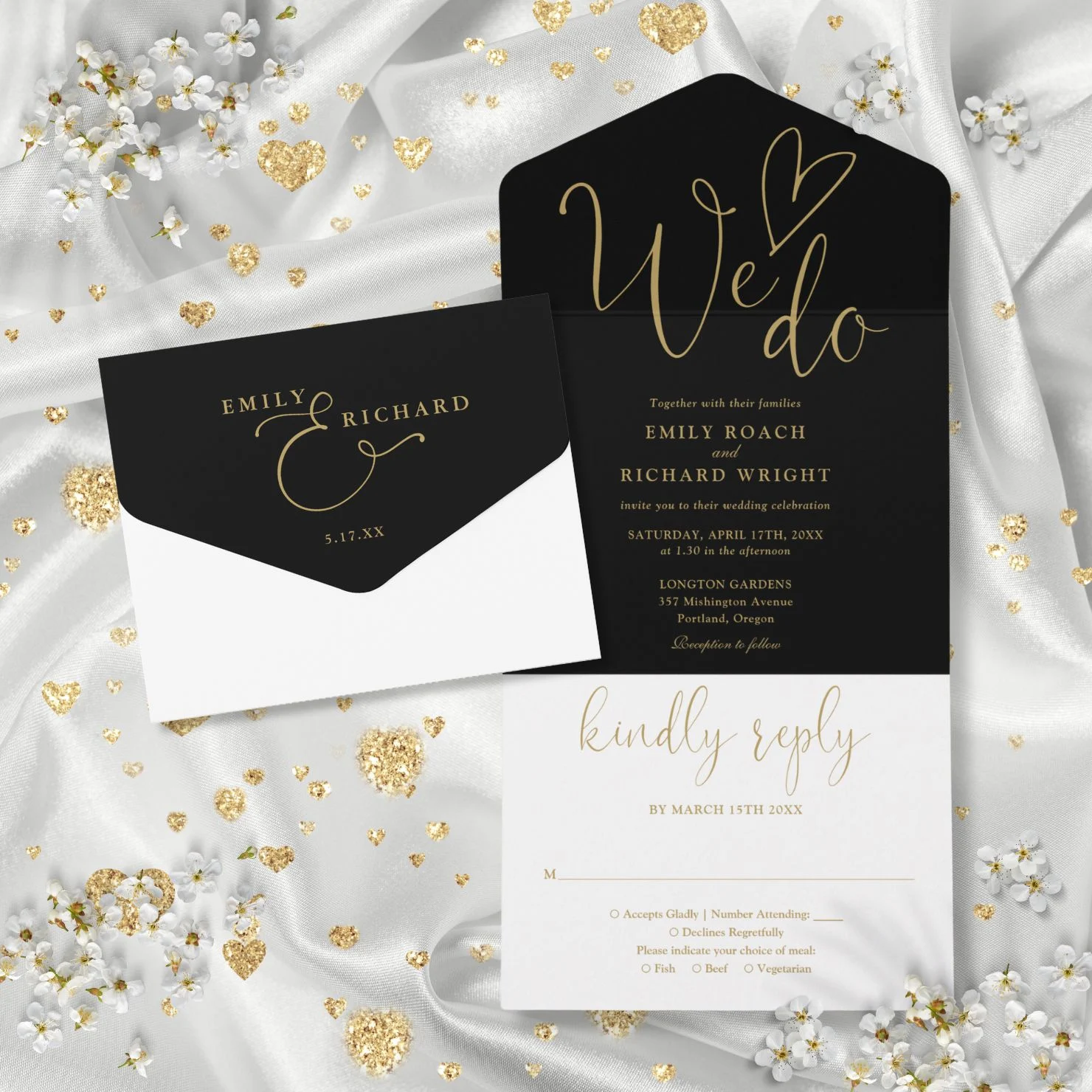 We Do Love Heart Script Black And Gold Wedding All In One Invitation