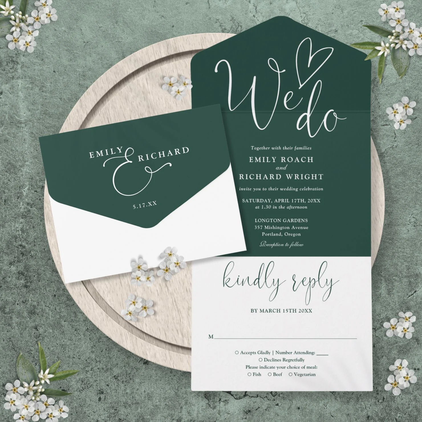 We Do Love Heart Script Emerald Green Wedding All In One Invitation