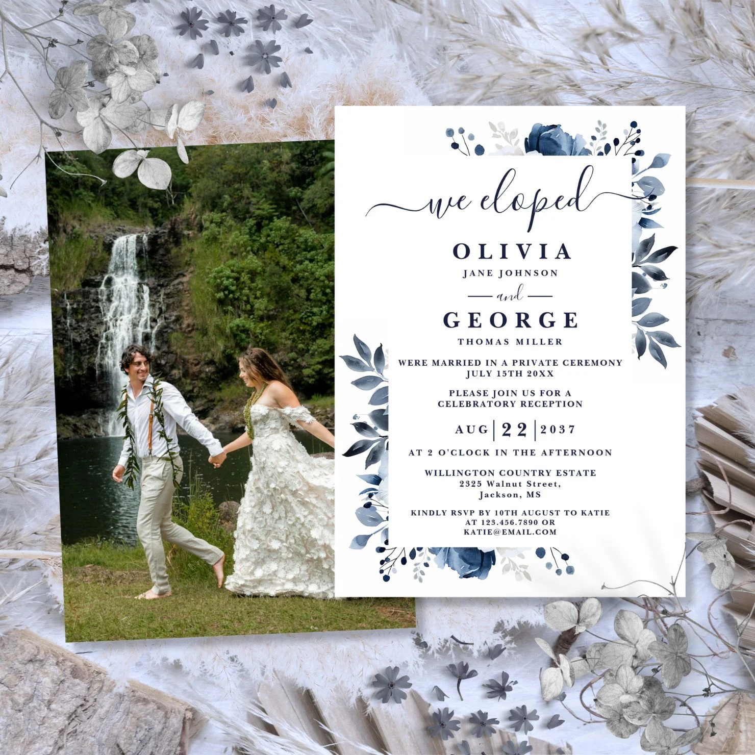 We Eloped Blue Botanical Floral Elopement Photo Invitation
