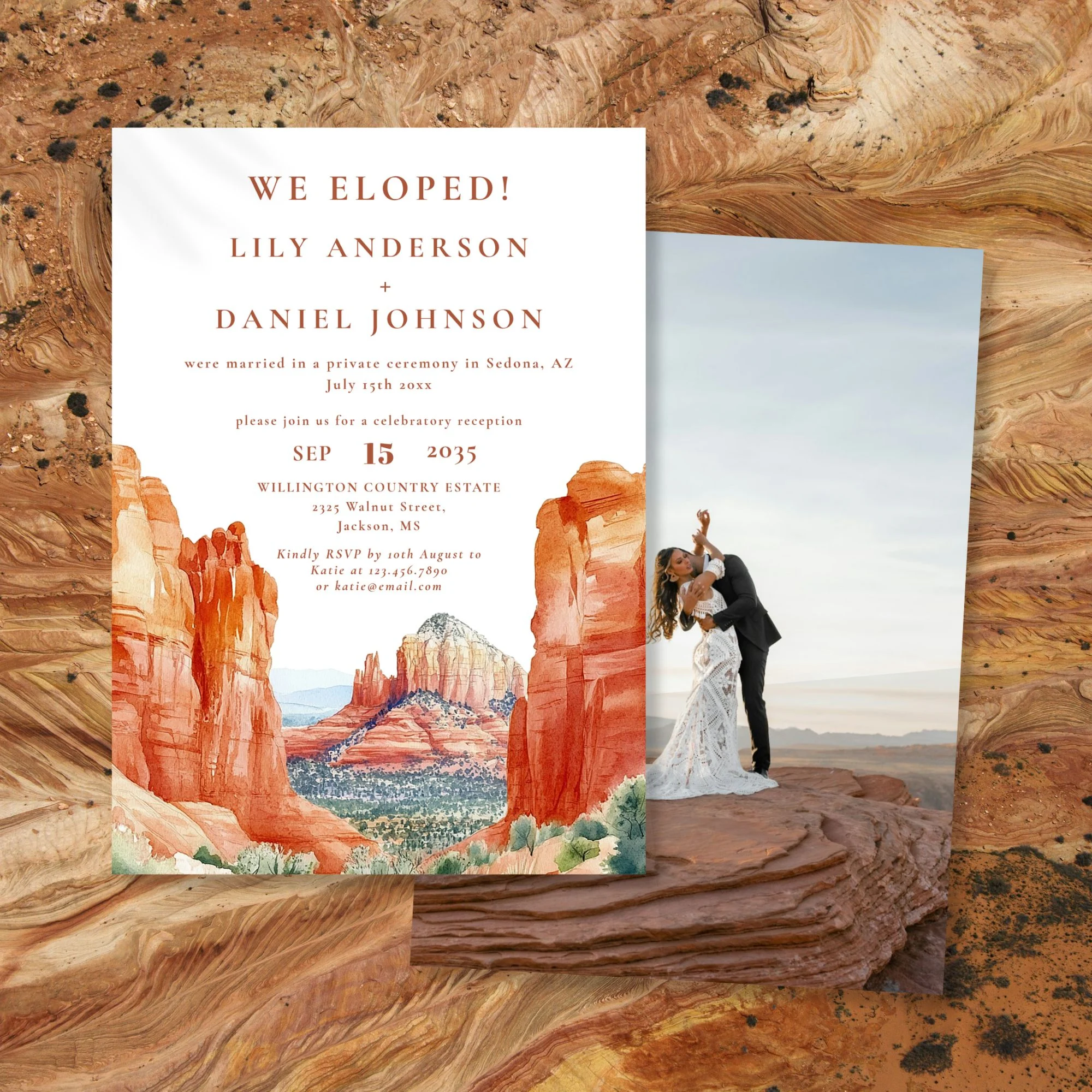 We Eloped Watercolor Desert Rock Elopement Photo Invitation