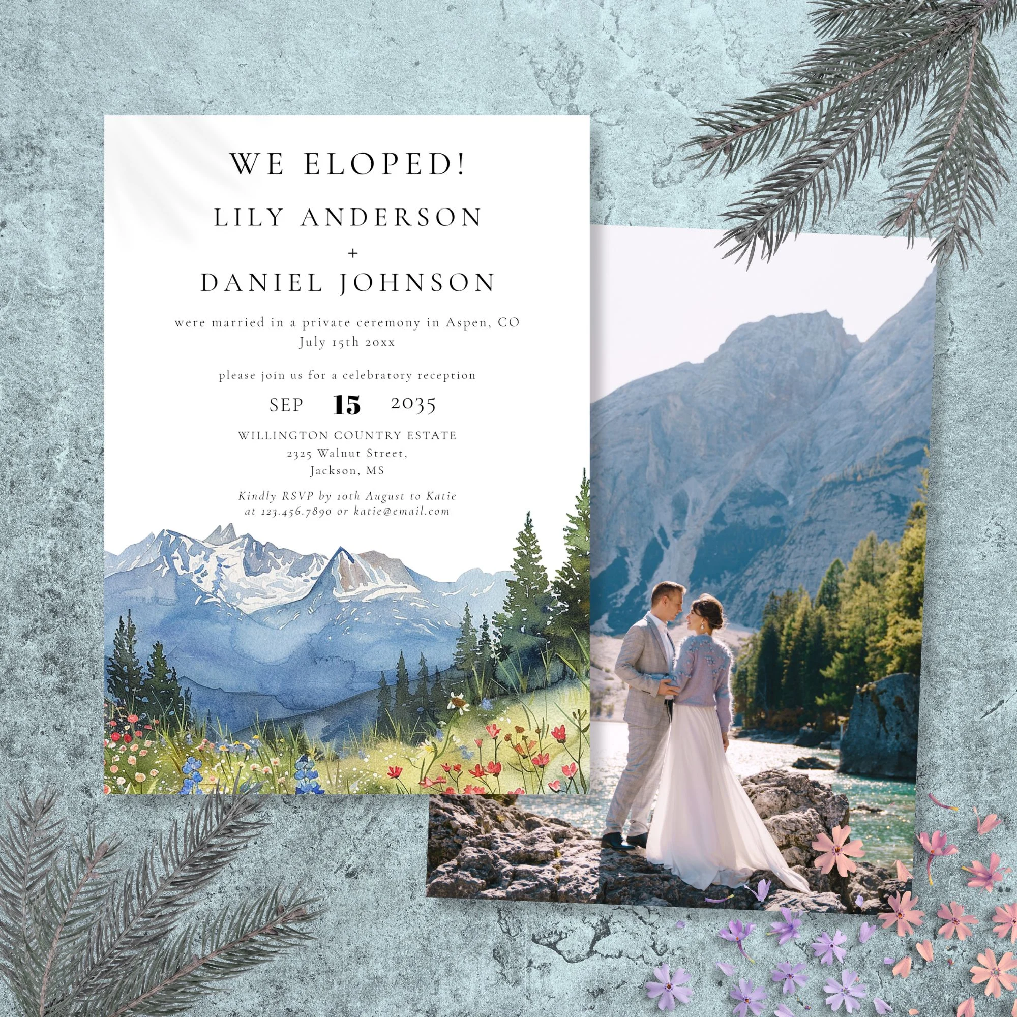 We Eloped Watercolor Mountain Elopement Photo Invitation