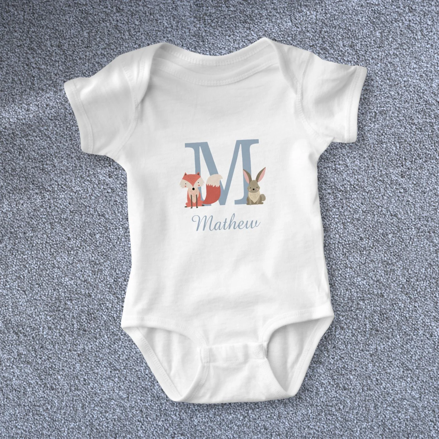 Woodland Animals Blue Baby Boy Initial Monogram Baby Bodysuit
