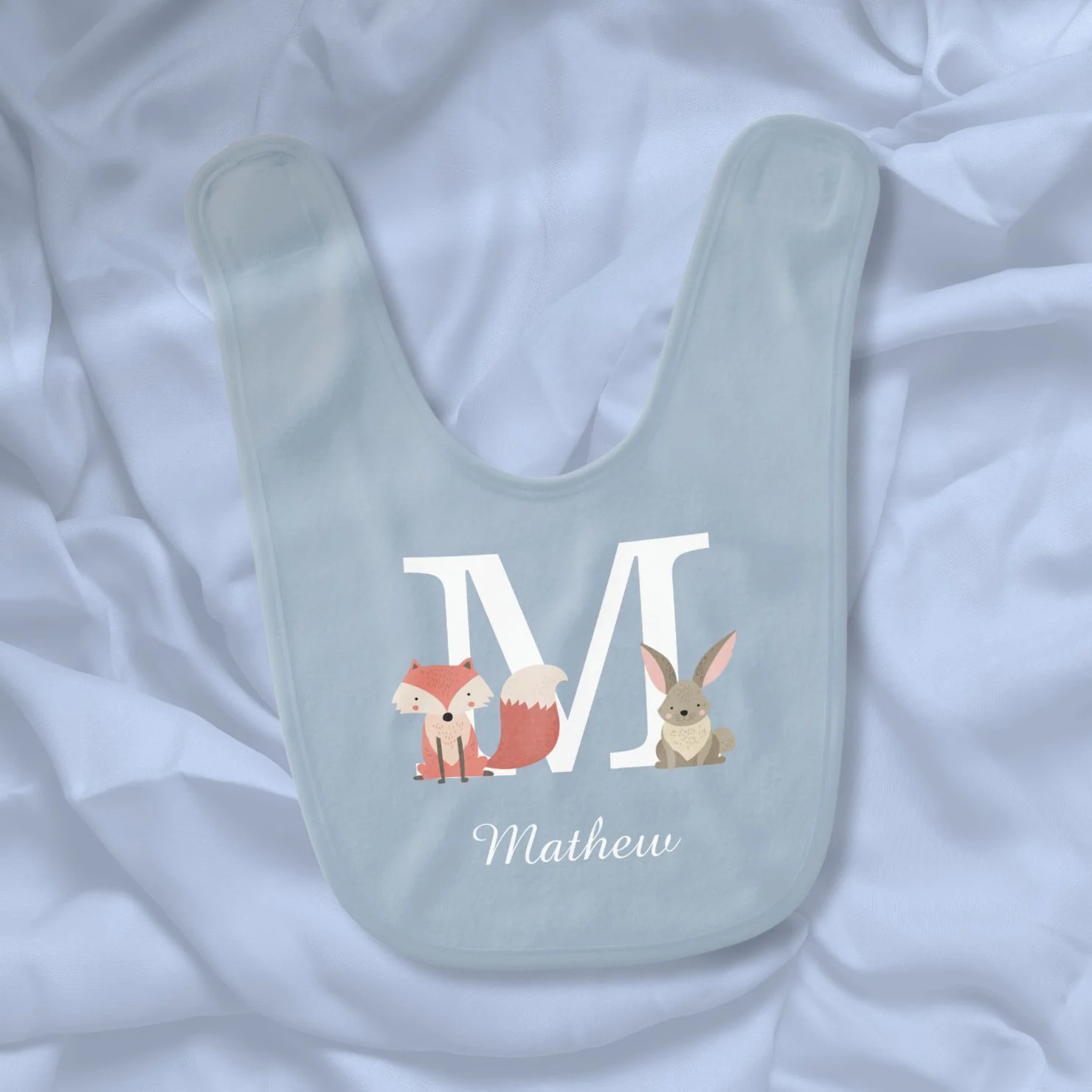 Woodland Friends Rabbit Fox Monogram Blue Baby Bib