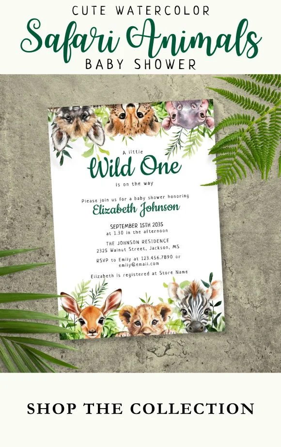 Cute Watercolor Safari Animals Baby Shower Suite Cover Image