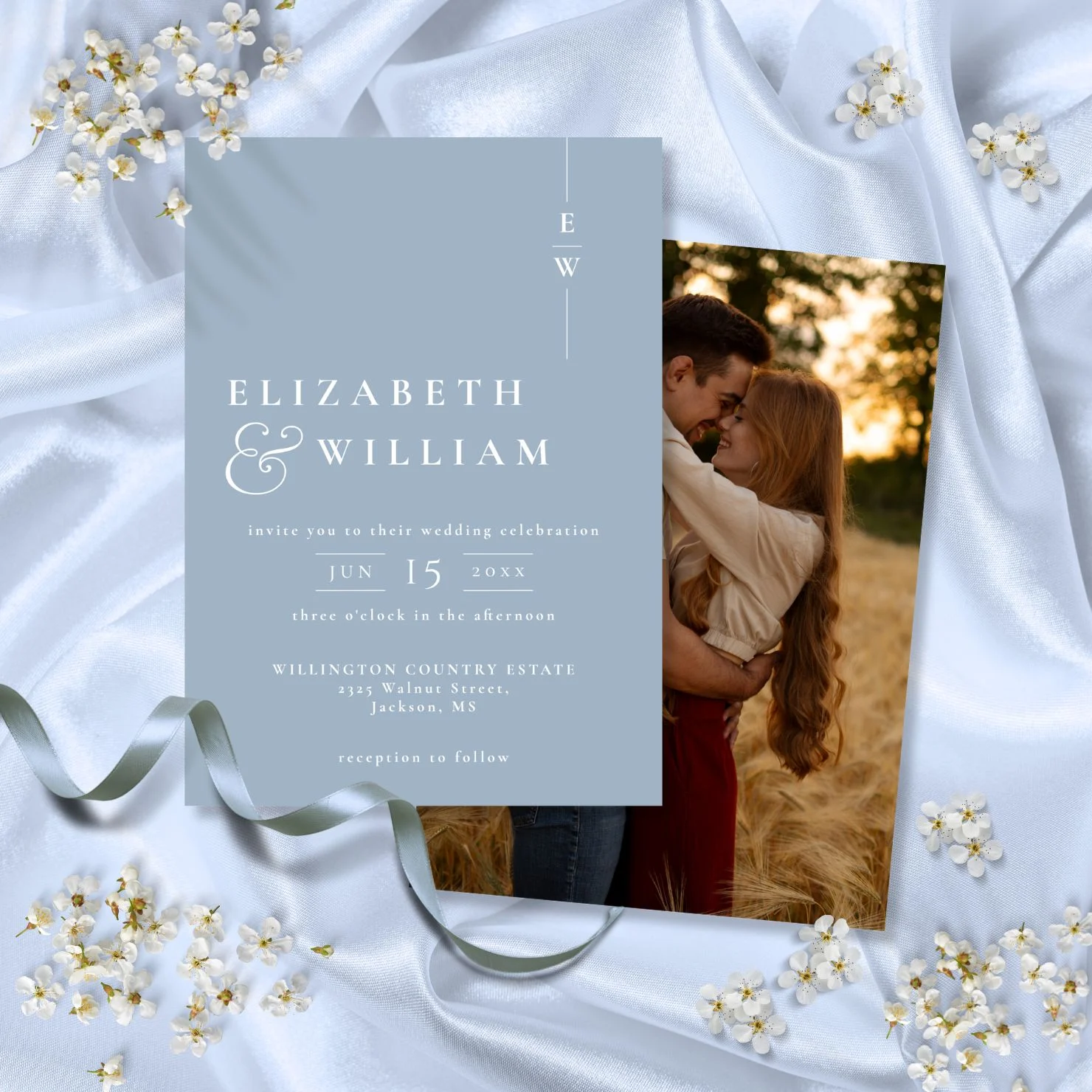 Pure Piglet Dusty Blue Modern Elegant Monogram Photo Wedding Invitation