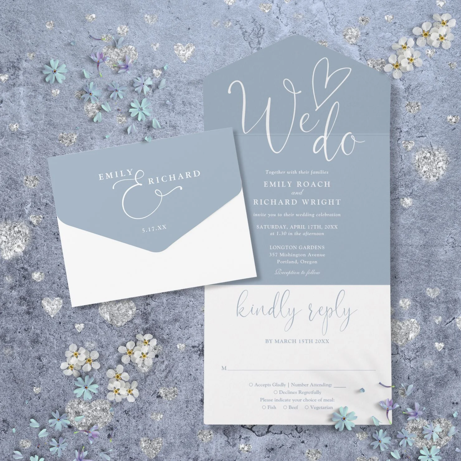 Pure Piglet We Do Love Heart Script Dusty Blue Wedding All In One Invitation