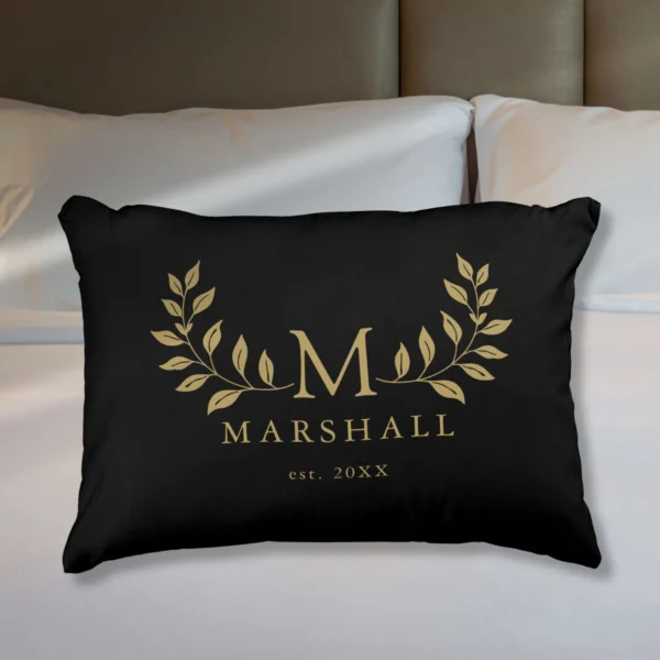 Black And Gold Floral Monogram Family Name Accent Pillow
