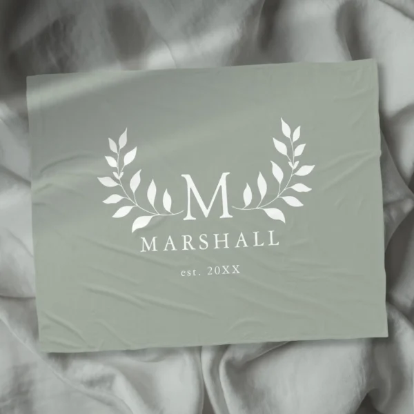 Green Floral Monogram Family Name Fleece Blanket