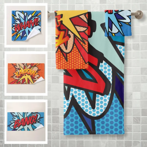 WHAM BANG KAPOW Fun Retro Comic Book Pop Art Bath Towel Set