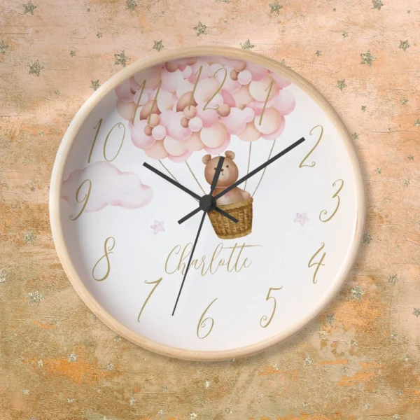 Teddy Bear And Pink Balloons Personalized Clock