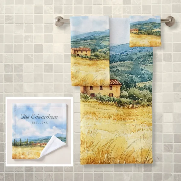 Watercolor Tuscan Mediterranean Family Name Bath Towel Set