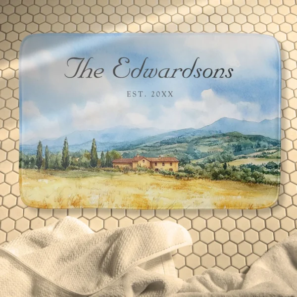 Watercolor Tuscan Mediterranean Family Name Bath Mat