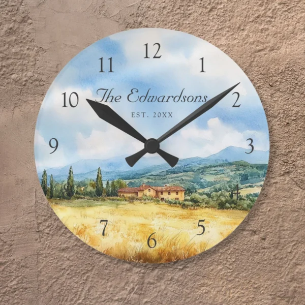 Watercolor Tuscan Mediterranean Family Name Round Clock