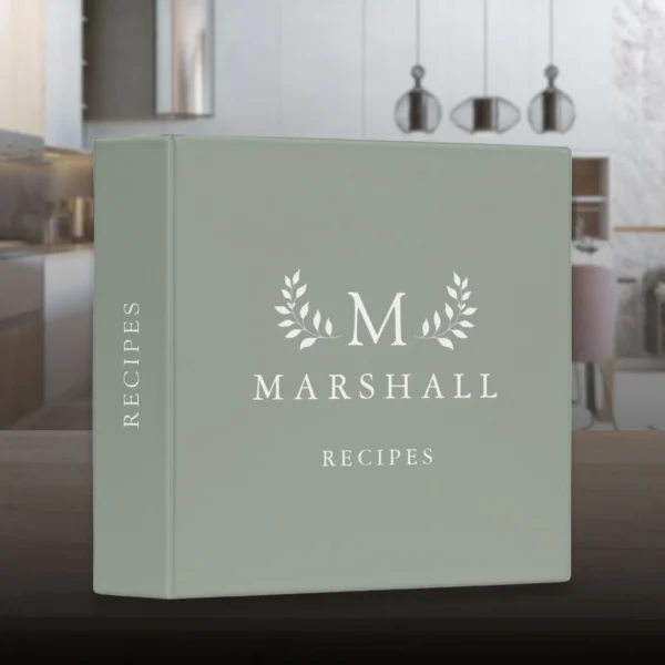 Green Floral Monogram Name Recipe 3 Ring Binder