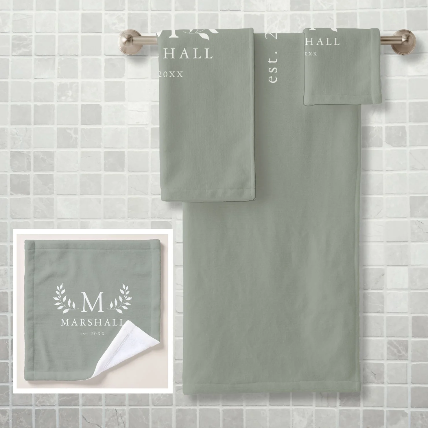 Green Modern Elegant Floral Monogram Name Bath Towel Set