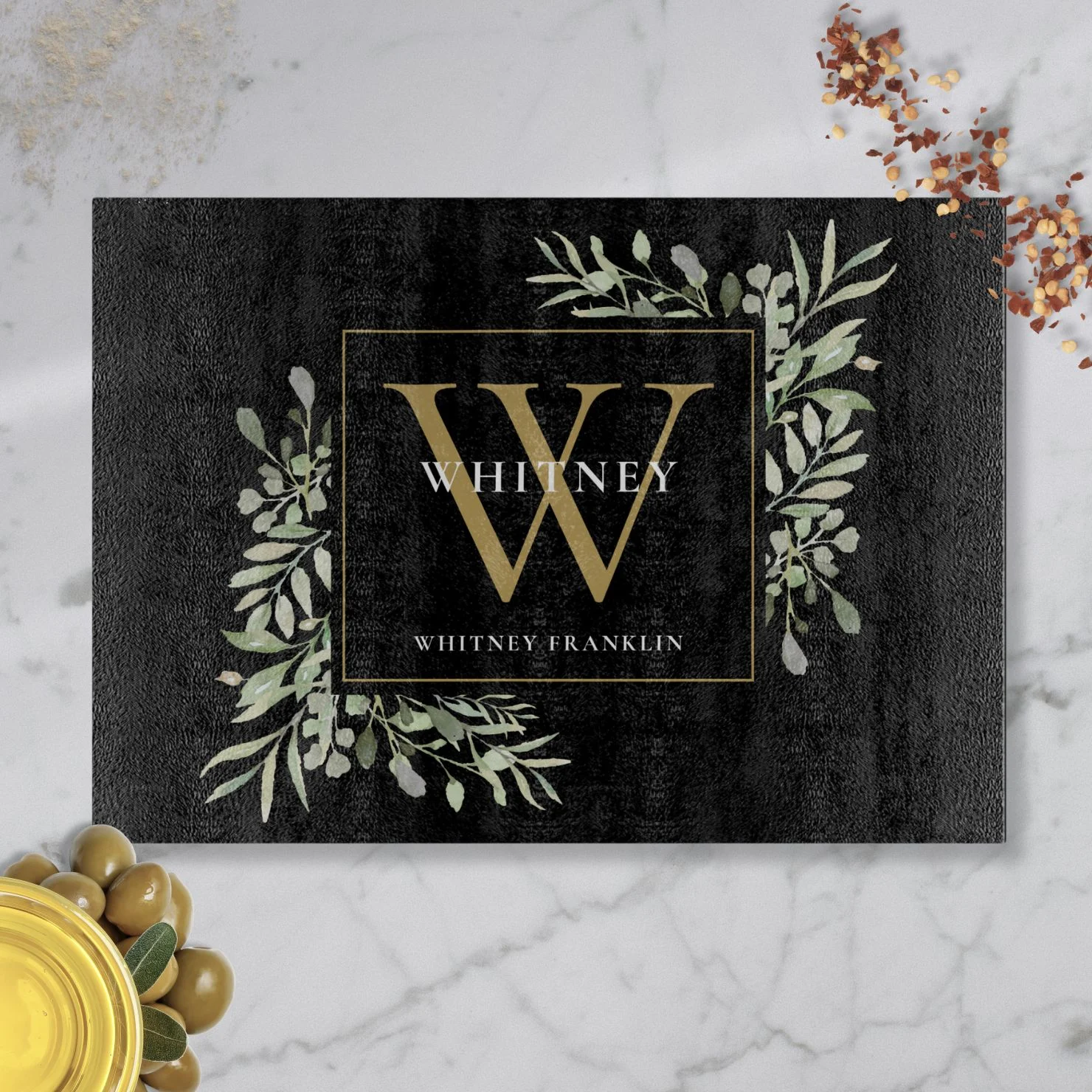 Black Gold Greenery Monogram Cutting Board