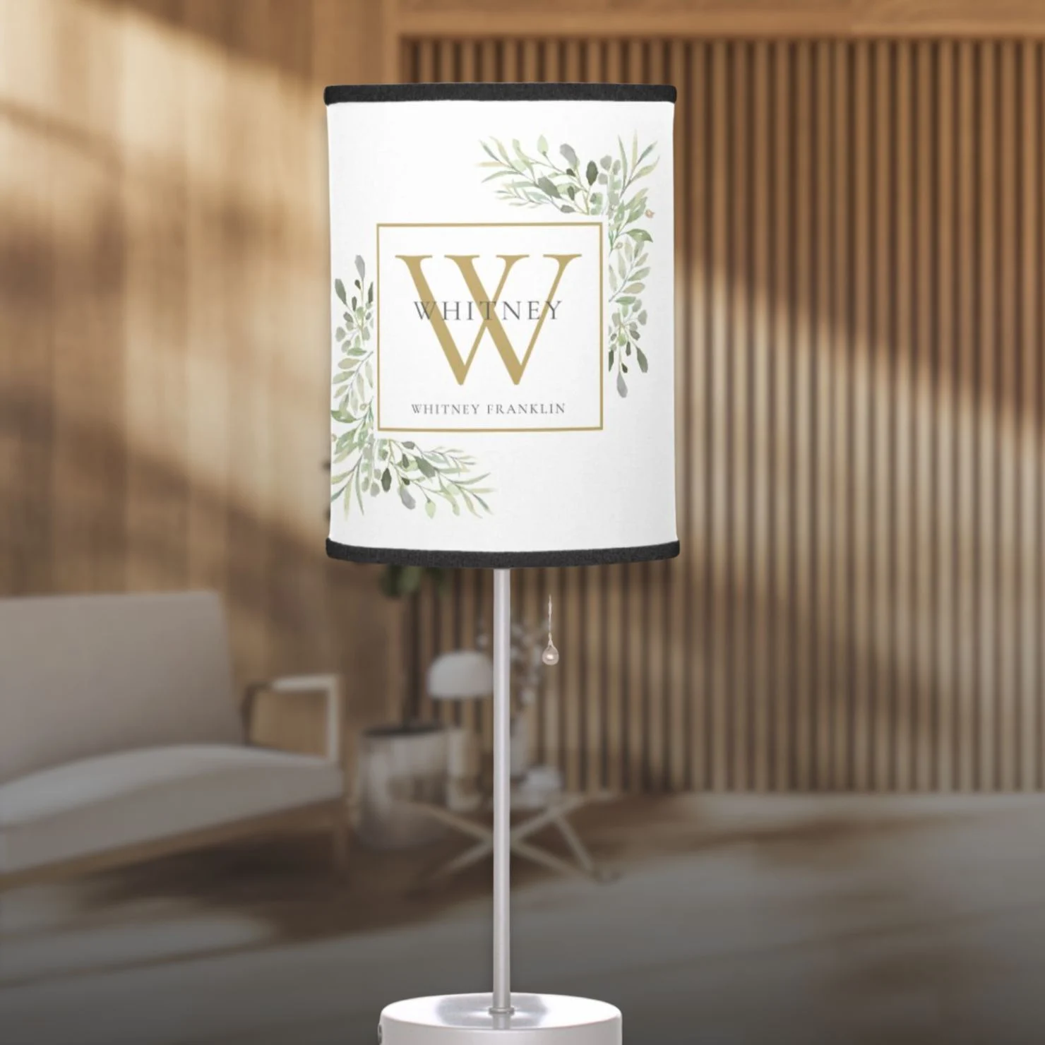 Modern Greenery Floral Gold Initial Monogram Table Lamp