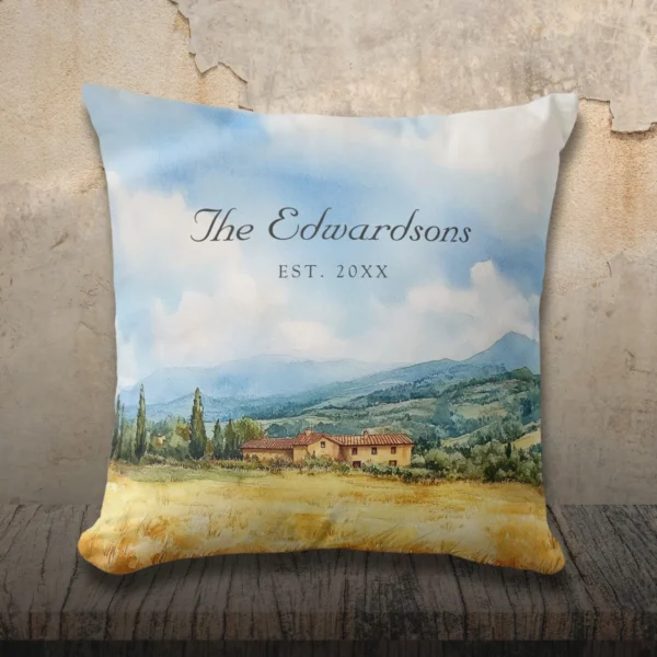 Watercolor Tuscan Mediterranean Family Name Throw Pillow