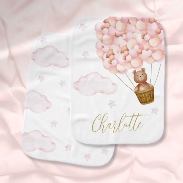 Cute Teddy Bear Pink Balloons Gold Script Baby Burp Cloth